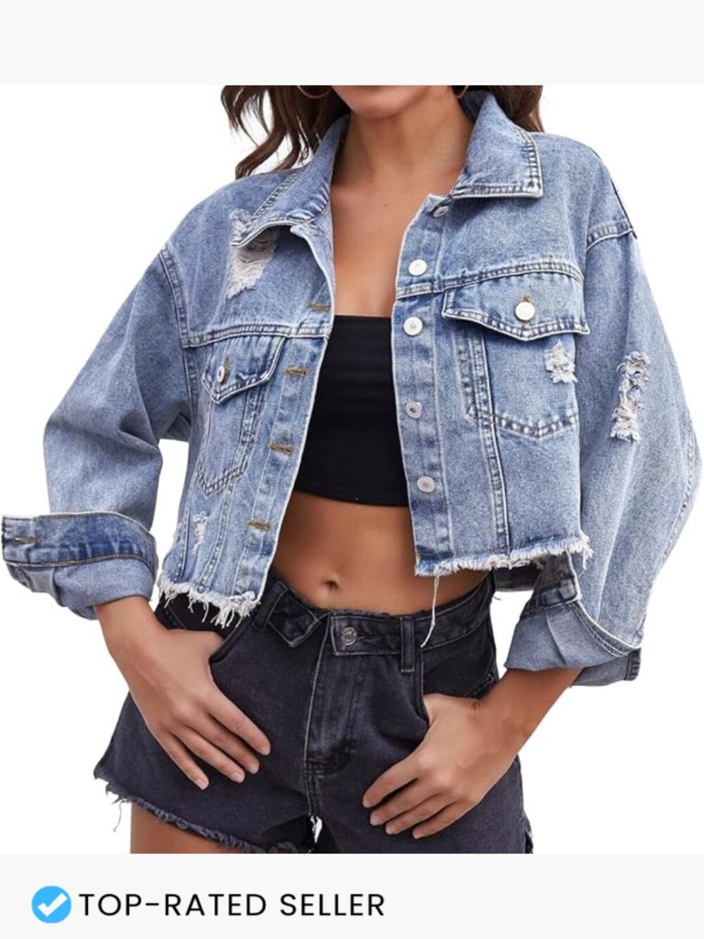 Cropped Denim Jacket Distressed Ripped Frayed Vintage Chic Button Up Long Sleeve